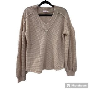 Pink Lily | Cream V-Neck waffle long sleeve top with bubble sleeves- Size Small